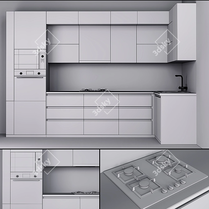 Sleek Black and White Kitchen Set 3D model image 5