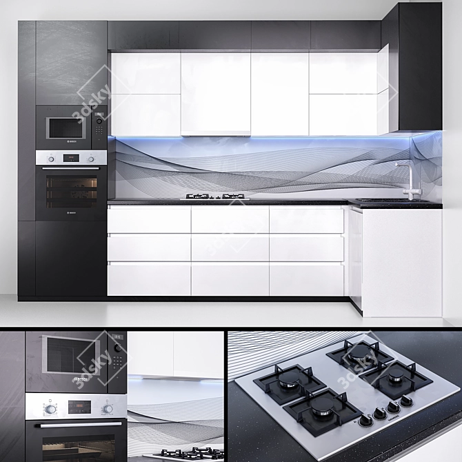 Sleek Black and White Kitchen Set 3D model image 6