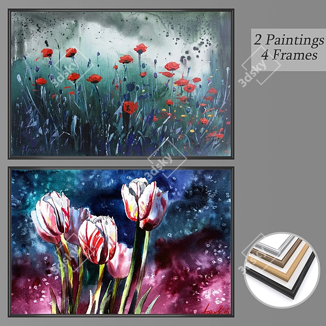 Set of Wall Paintings No. 2432 - 2 Pictures, 4 Frame Options (Plastic, Wood, Bronze, Steel)  3D model image 1