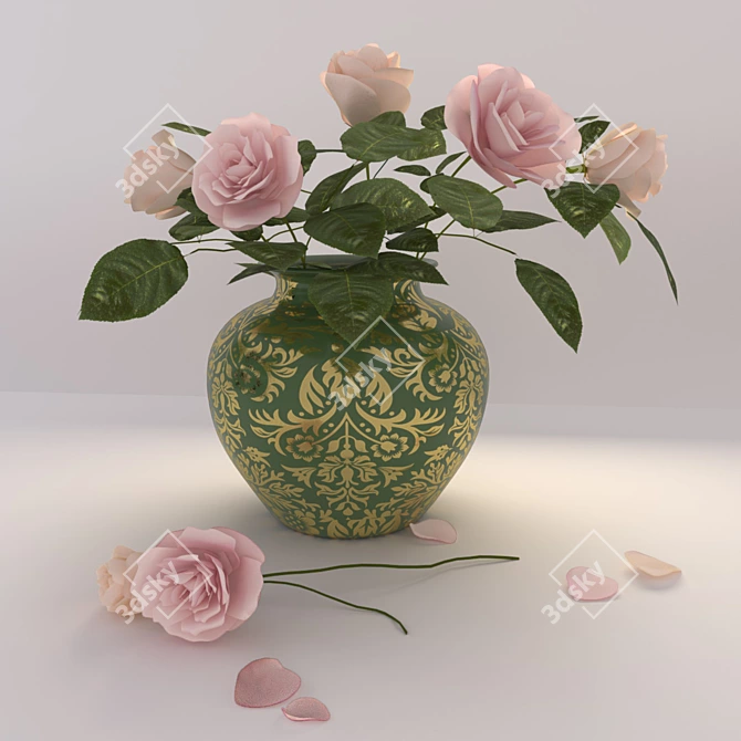 Elegant Rose Models and Vase Set 3D model image 1