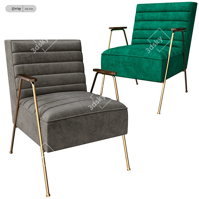 Oak Armrest Chair with Metal Frame: Art Leon Velvet Accent 3D model image 1