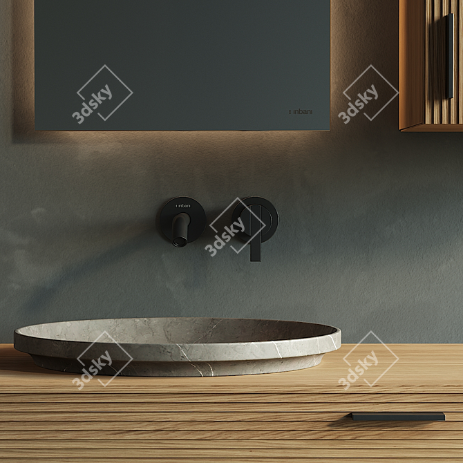 Modern Wood Vanity Set with Semi-Inset Marble Washbasin 3D model image 3