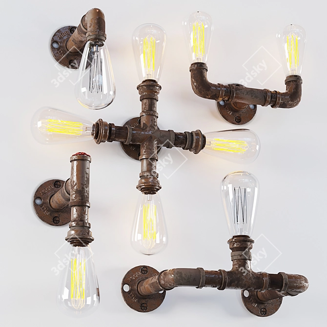 Rustic Pipe Wall Lamp 3D model image 1