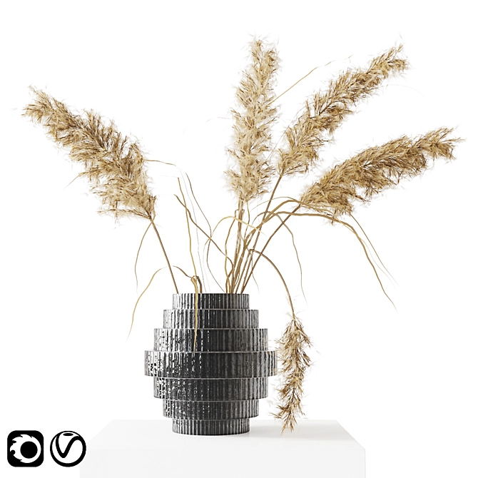 Sleek Black Vase with Pampas 3D model image 1