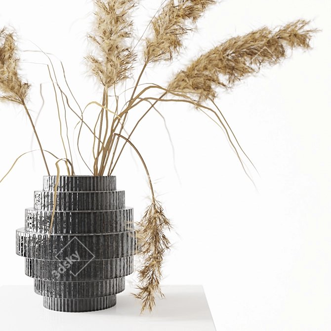 Sleek Black Vase with Pampas 3D model image 2