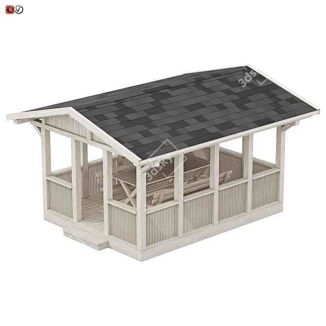 Wooden Rectangle Garden Gazebo with Benches & Table 3D model image 2