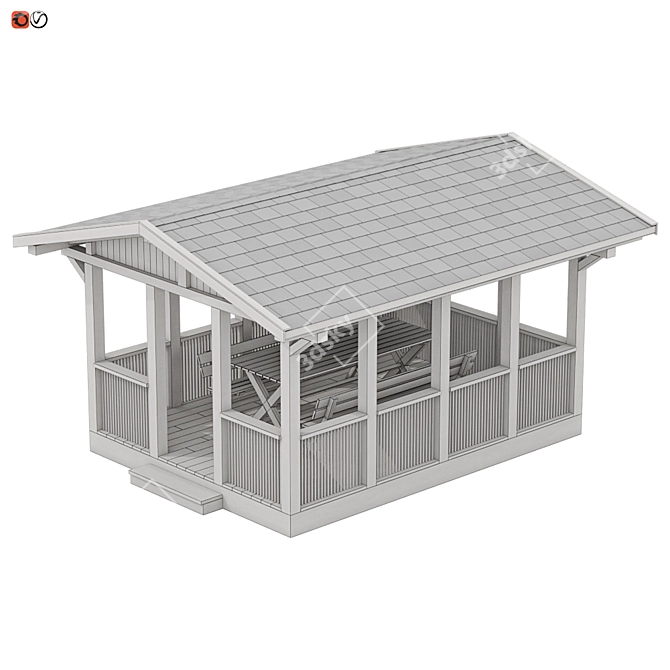 Wooden Rectangle Garden Gazebo with Benches & Table 3D model image 3