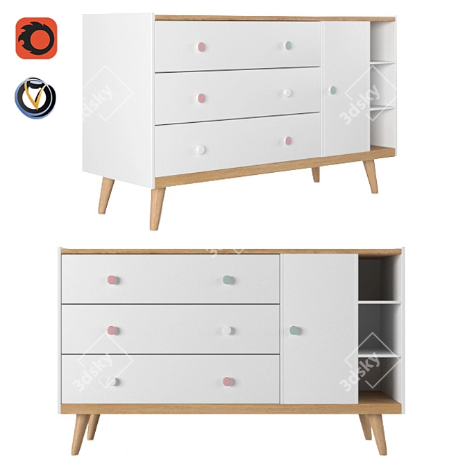 Confetti XL Kids Chest of Drawers - White Wood 3D model image 3