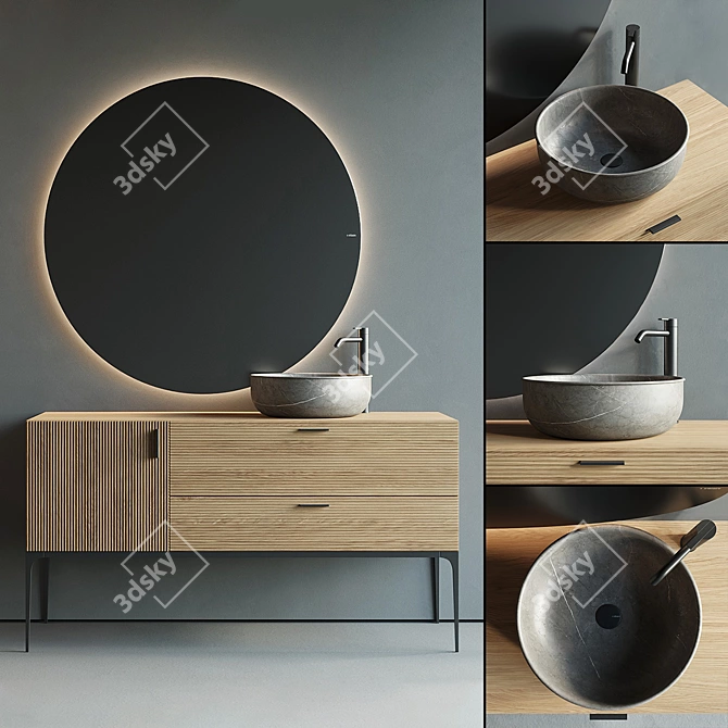 Modern Wood Vanity Unit & Marble Washbasin Set 3D model image 1