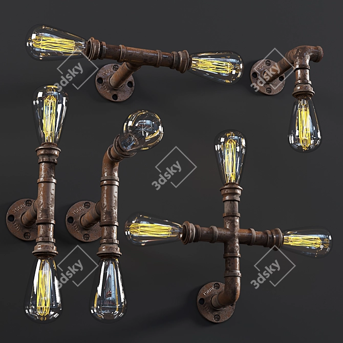 Vintage Industrial Pipe Wall Lamp 3D model image 2