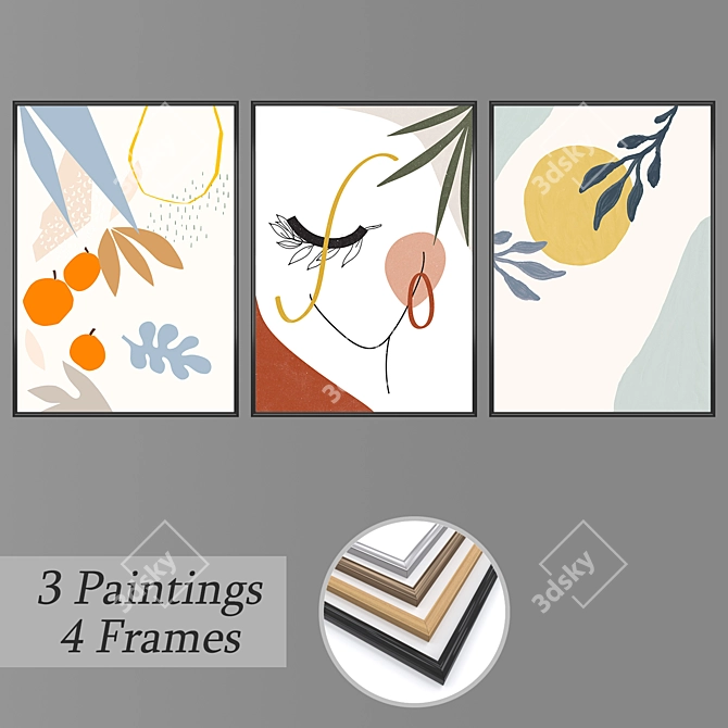 3-Piece Wall Paintings Set with Multiple Frame Options 3D model image 1