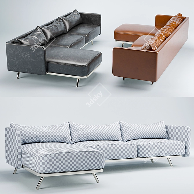 Black & Brown Leather Sofa with Metal Legs 3D model image 2