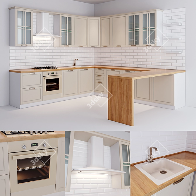 Elegant Amarone Classic Kitchen - Complete with Korting Oven, Elica Extractor & Kerama Marazzi Accordion Splashback 3D model image 1