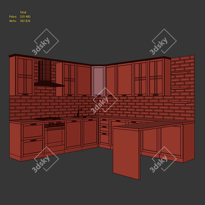 Elegant Amarone Classic Kitchen - Complete with Korting Oven, Elica Extractor & Kerama Marazzi Accordion Splashback 3D model image 2