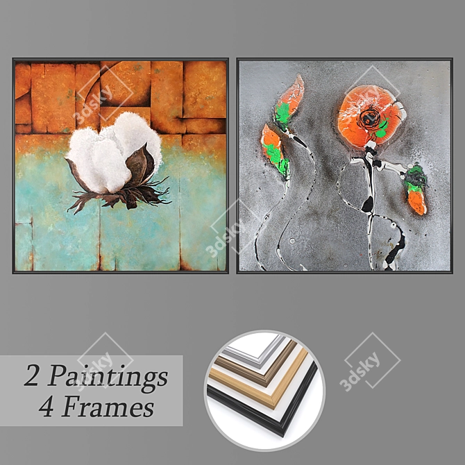 Modern Art Set with 2 Paintings & 4 Frame Options 3D model image 1