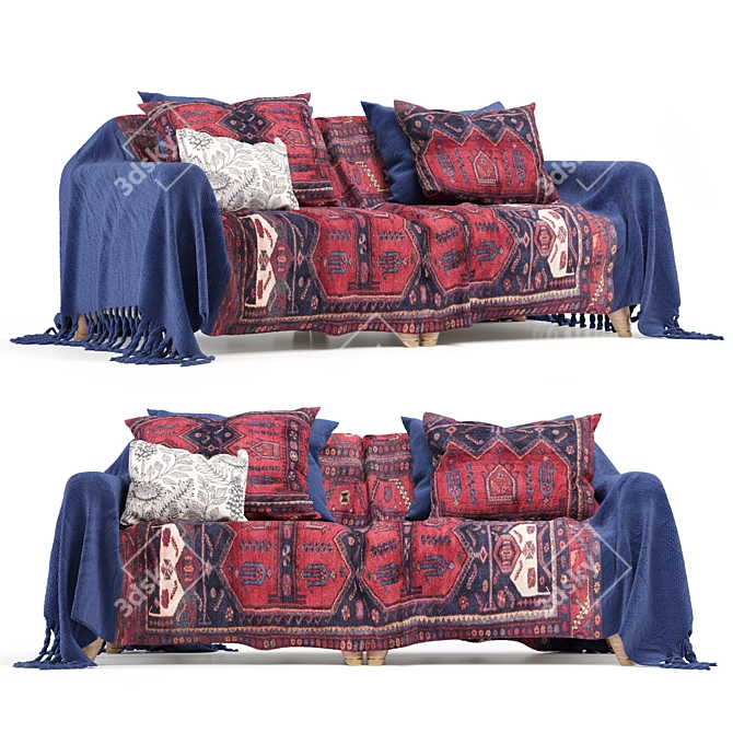 Boho-Style Sofa with Cover 3D model image 1