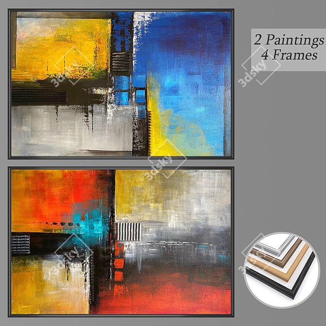 Diverse Wall Art Set No. 2563: 2 Paintings, 4 Frame Options 3D model image 1