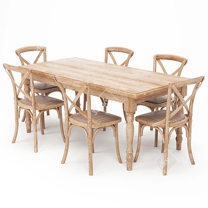 Rustic Elm Farmhouse Dining Set 3D model image 1