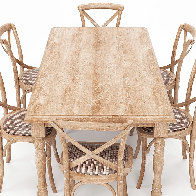 Rustic Elm Farmhouse Dining Set 3D model image 2