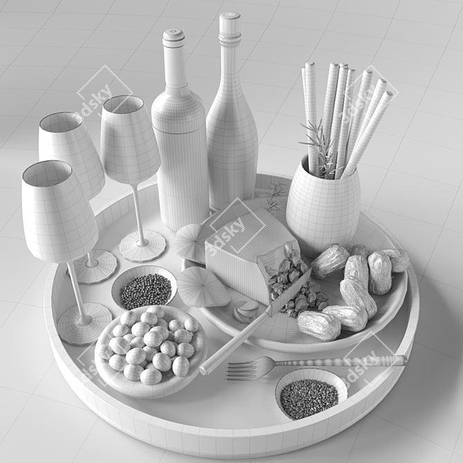 Cheese & Wine Delight: Camembert, Roquefort, Figs & Sausages 3D model image 2