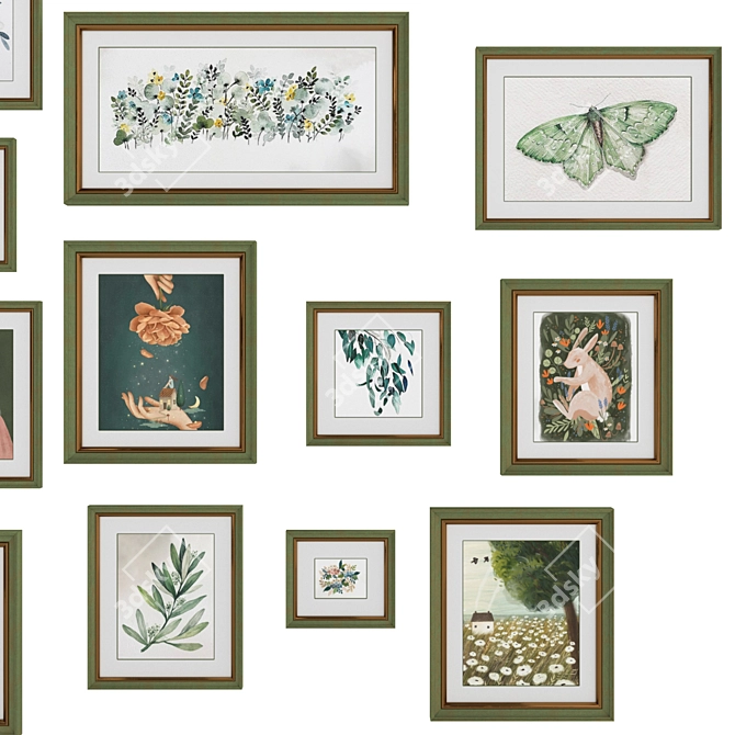 Green-Bronze Framed Set of 15 Interior Paintings 3D model image 4