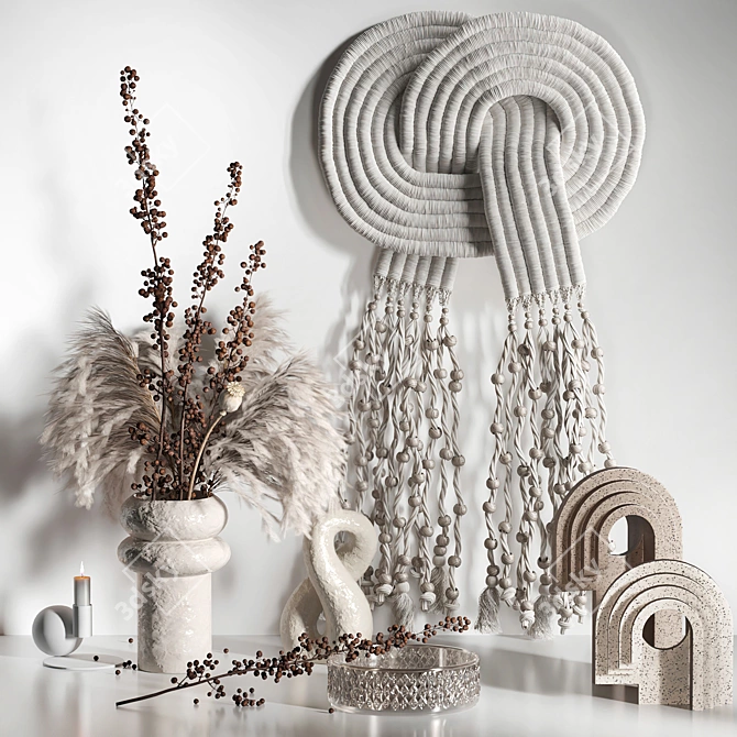 Boho Chic Macrame Decor Set with Berry Branch 3D model image 1