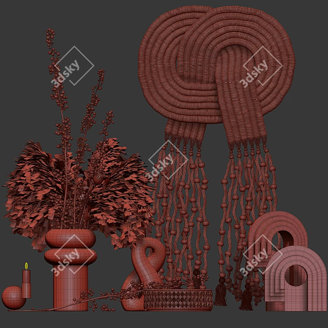 Boho Chic Macrame Decor Set with Berry Branch 3D model image 5