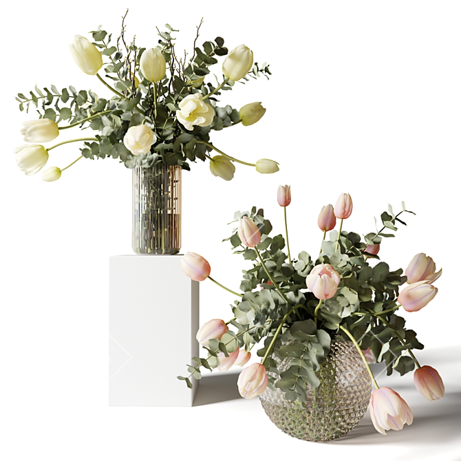 Eucalyptus & Tulip Bouquets in Glass Vases 3D model image 1