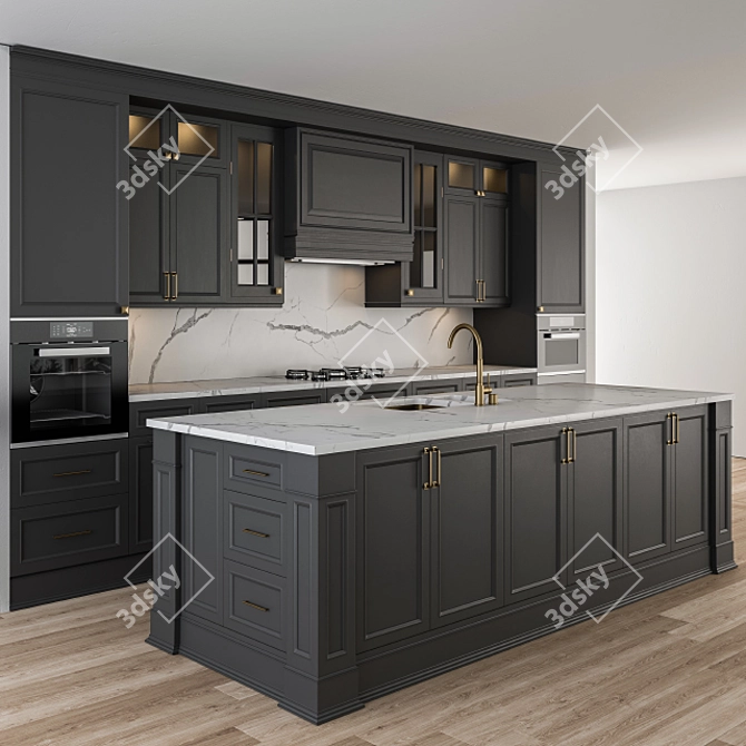 Elegant Gray-Gold Kitchen Set 3D model image 1
