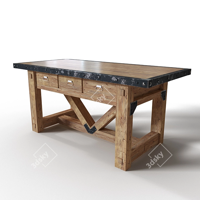 Rustic Steel Edged Wooden Table 3D model image 1