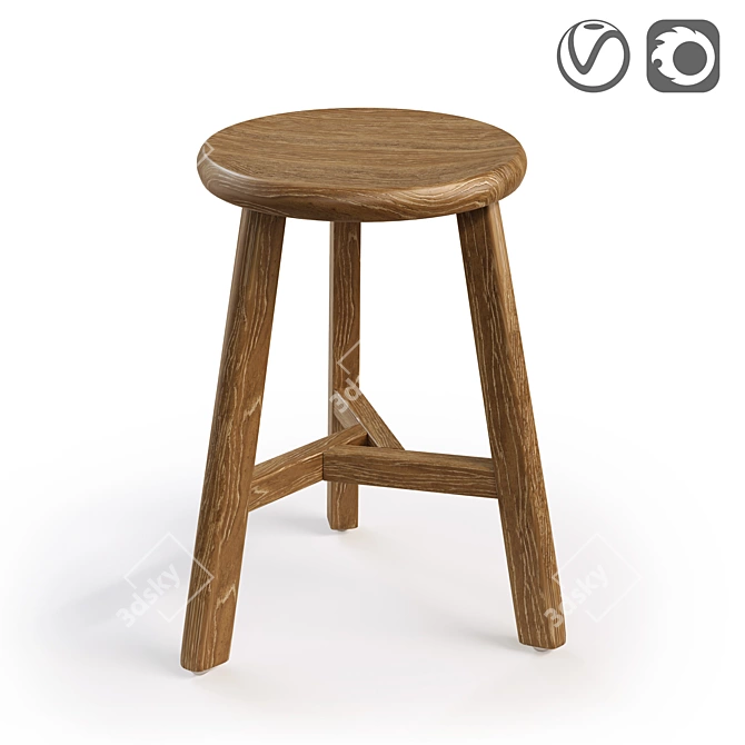 Rustic Elm Stool, ASAYO 3D model image 1