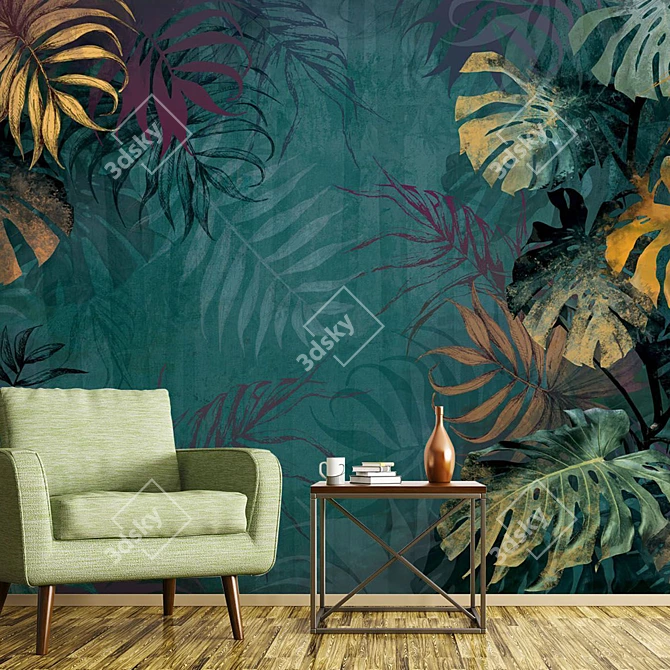 Title: Grunge Tropical Leaves Wallpaper - Eco-Murals Collection 3D model image 2