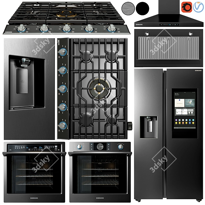 Samsung Appliance Collection: Gas Cooktop, Refrigerator, Ovens, and Hood 3D model image 5