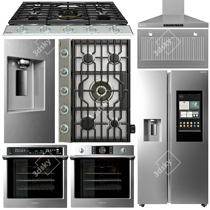 Samsung Appliance Collection: Gas Cooktop, Refrigerator, Ovens, and Hood 3D model image 1