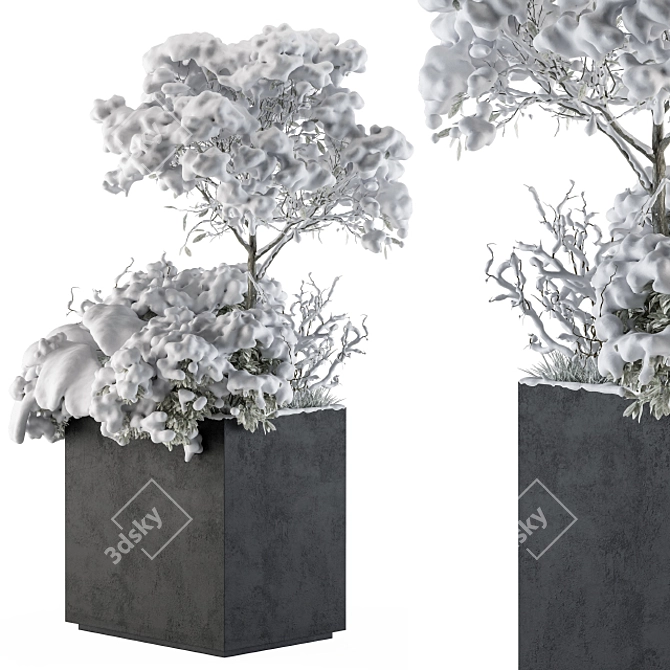 Snowy Outdoor Plant Set in Concrete Pot 3D model image 1