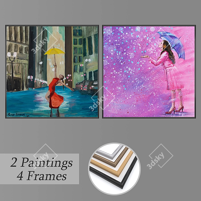 Modern Art Set: 2 Paintings + 4 Frame Options 3D model image 1