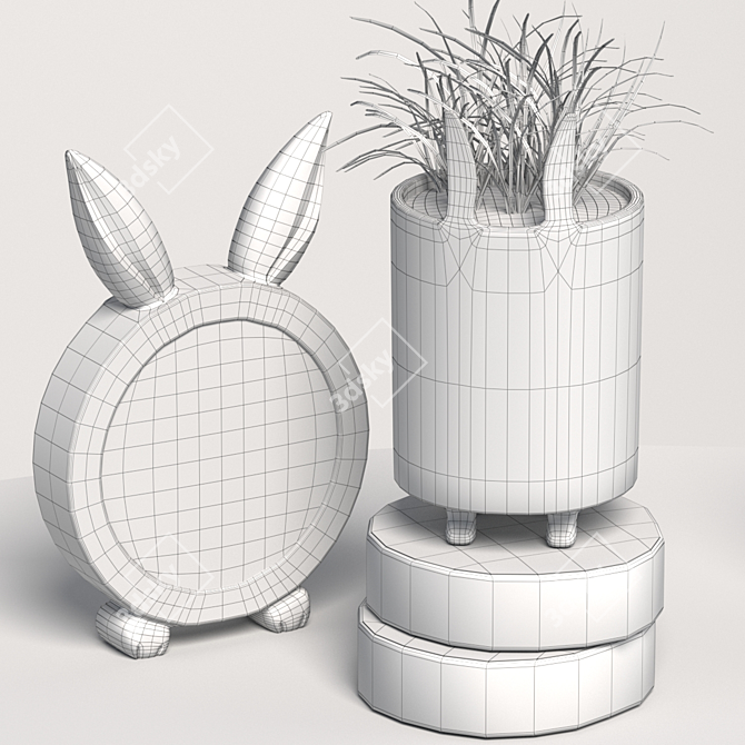 Decorative Rabbit Plant Set with Clock 3D model image 2