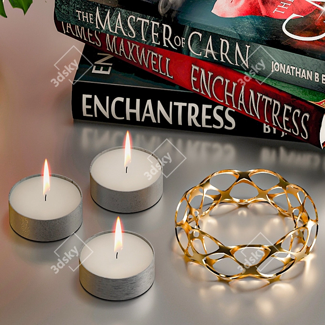 Golden Decor Set: Vines, Candlestick, Book 3D model image 2