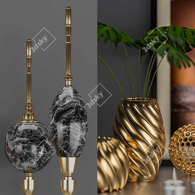 Golden Decor Set: Vines, Candlestick, Book 3D model image 3