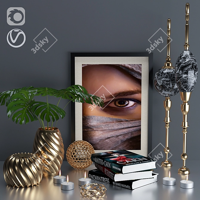 Golden Decor Set: Vines, Candlestick, Book 3D model image 5