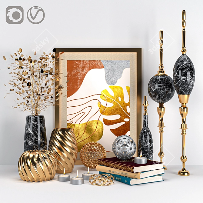 Golden Decor Set: Vines, Candlestick, Book 3D model image 7