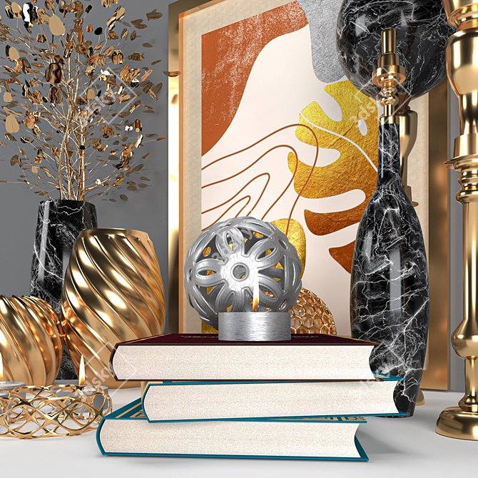 Golden Decor Set: Vines, Candlestick, Book 3D model image 9