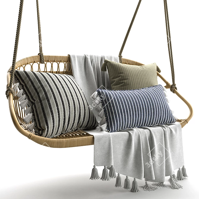 Scandi-Inspired Hanging Rattan Bench 3D model image 1