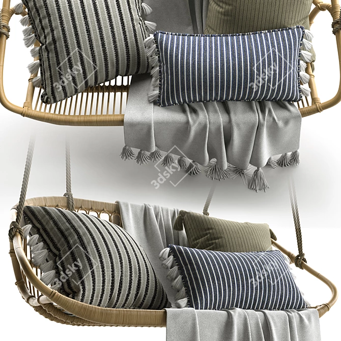 Scandi-Inspired Hanging Rattan Bench 3D model image 4