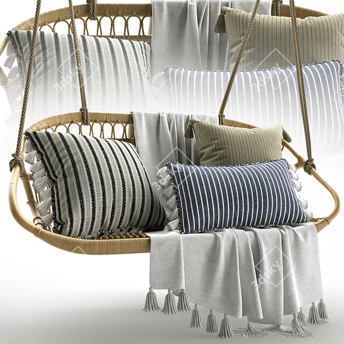 Scandi-Inspired Hanging Rattan Bench 3D model image 6