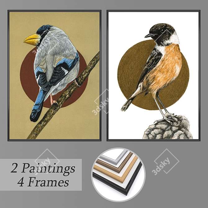 Art Set: 2 Paintings with 4 Frame Options 3D model image 1