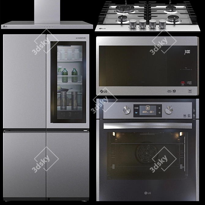 LG Appliance Set: EasyClean Oven, Linear Compressor Fridge, Gas Cooktop, Inverter Microwave, Hood 3D model image 1