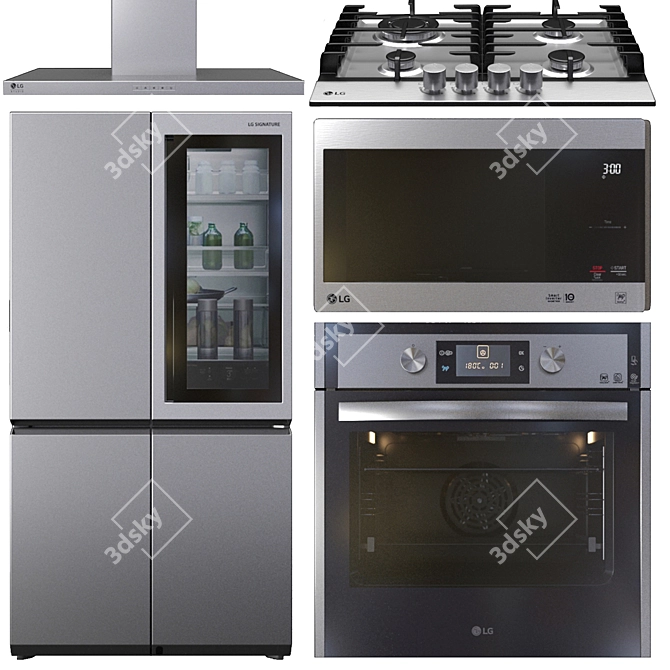 LG Appliance Set: EasyClean Oven, Linear Compressor Fridge, Gas Cooktop, Inverter Microwave, Hood 3D model image 11