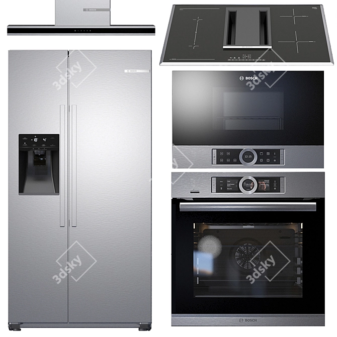 BOSCH Appliance Set: Oven, Microwave, Induction Cooktop with Integrated Hood, Decorative Extractor, Fridge 3D model image 5