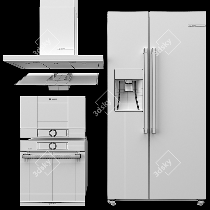 BOSCH Appliance Set: Oven, Microwave, Induction Cooktop with Integrated Hood, Decorative Extractor, Fridge 3D model image 4